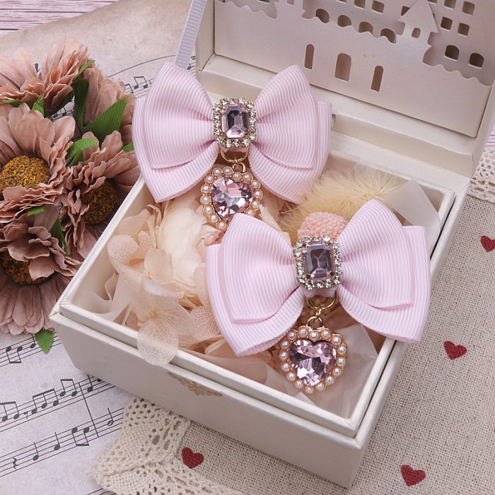 ミニリボンハートラインストーンヘアクリップ2個セット◆ヘアアクセサリー アクセサリー