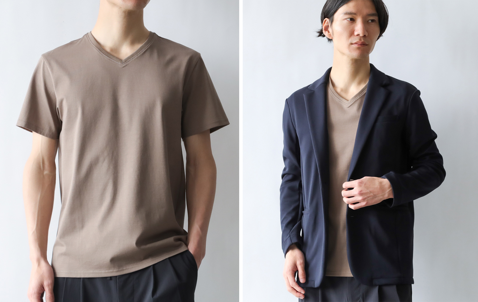 上質コットン100%のドレスTシャツ/Vネック半袖/カーキベージュ