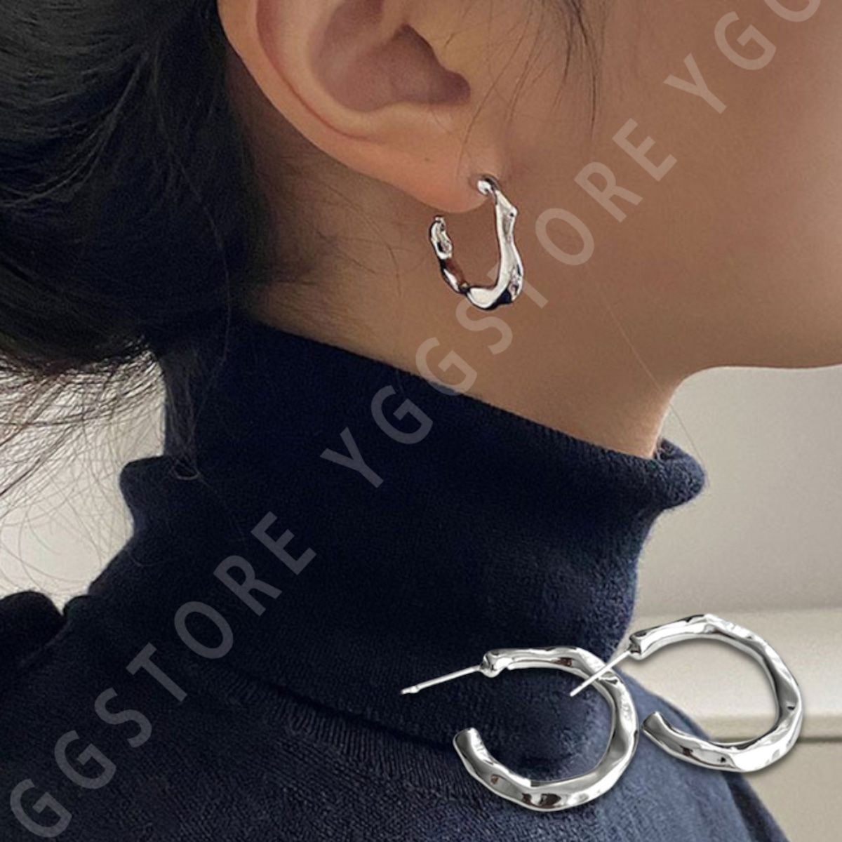 ピアス 片耳 フープピアス シルバーアクセ ブラック ハート 6個 韓国